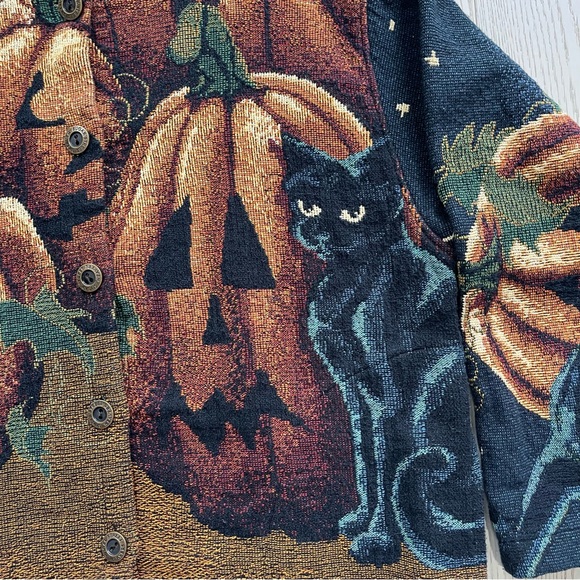 Vintage 90s Sugar Street Weavers Halloween Pumpkin Celestial Cat Tapestry Jacket - Picture 3 of 17
